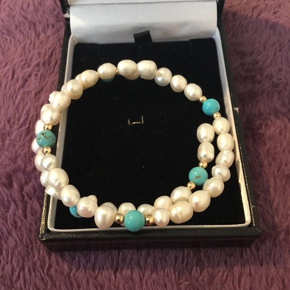 Beautiful Pearl Turquoise & 14K Gold Wrap Bracelet ,Large - Picture 1 of 8